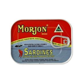 Morjon Sardines à l&#x27;huile de soja et aux piments Tabasco (120 g)